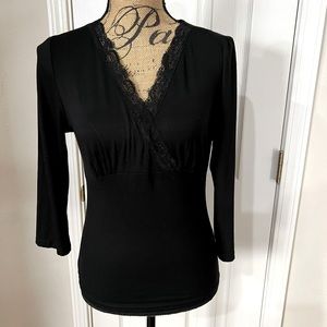 CAbi 311 Black V-neck Surplice 3/4 sleeve cami with lace neckline